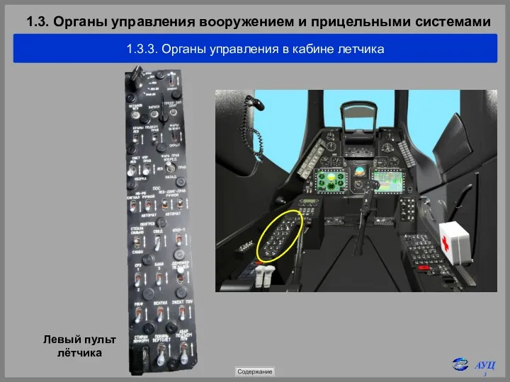 1.3. Органы управления вооружением и прицельными системами 1.3.3. Органы управления в кабине летчика Левый пульт лётчика