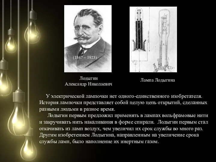 Лодыгин Александр Николаевич (1847 – 1923) Лампа Лодыгина У электрической