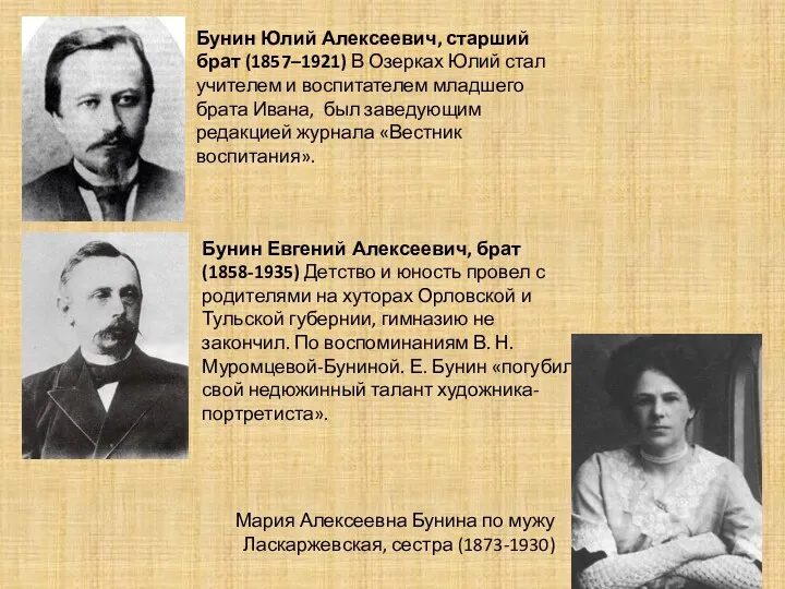 Бунин Юлий Алексеевич, старший брат (1857–1921) В Озерках Юлий стал учителем и воспитателем