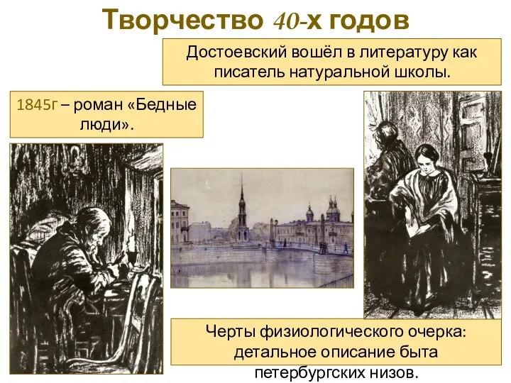 Творчество 40-х годов 1845г – роман «Бедные люди». Достоевский вошёл