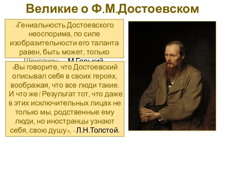 «Гениальность Достоевского неоспорима, по силе изобразительности его таланта равен, быть