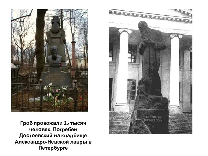 Гроб провожали 25 тысяч человек. Погребён Достоевский на кладбище Александро-Невской лавры в Петербурге