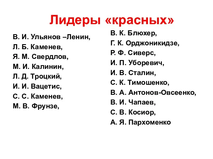 Лидеры «красных» В. И. Ульянов –Ленин, Л. Б. Каменев, Я. М. Свердлов, М.