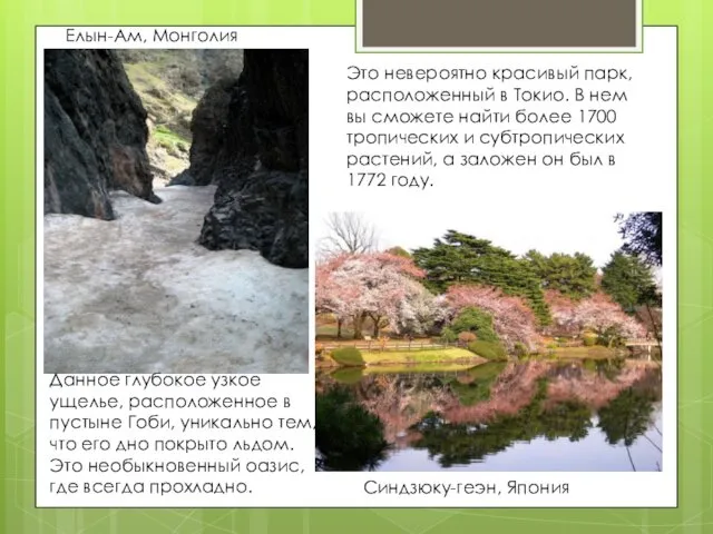 Синдзюку-геэн, Япония Елын-Ам, Монголия Это невероятно красивый парк, расположенный в
