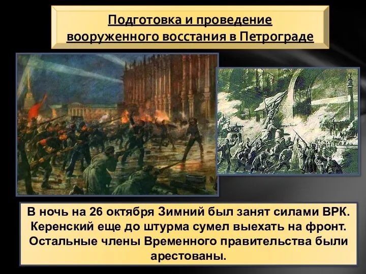 В ночь на 26 октября Зимний был занят силами ВРК.