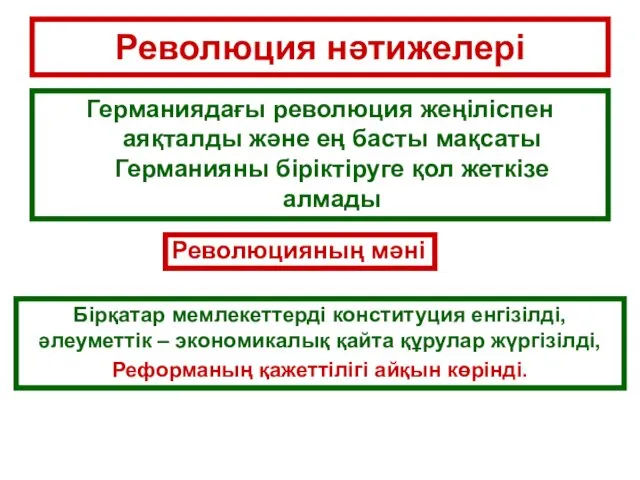 Революция нәтижелері Германиядағы революция жеңіліспен аяқталды және ең басты мақсаты