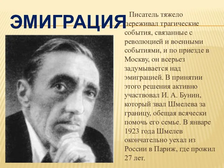 ЭМИГРАЦИЯ Писатель тяжело переживал трагические события, связанные с революцией и