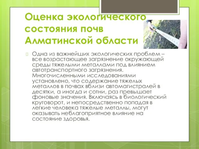 Оценка экологического состояния почв Алматинской области Одна из важнейших экологических