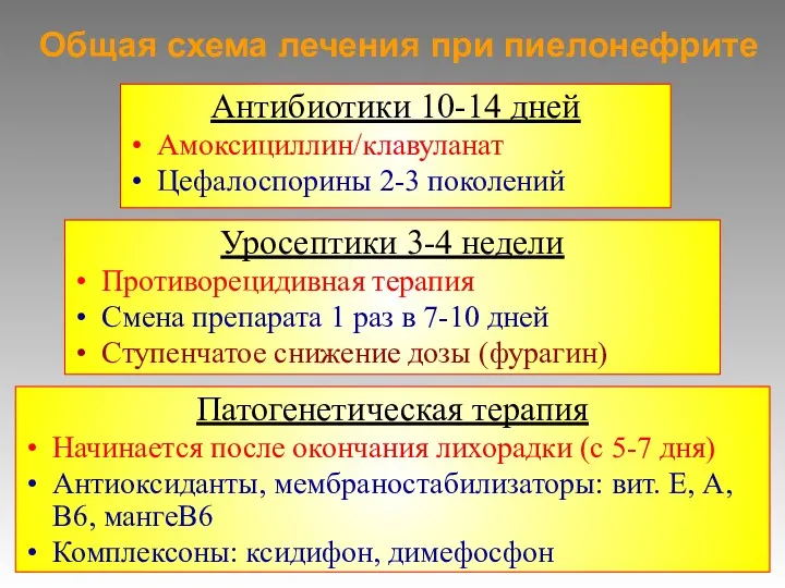 Общая схема лечения при пиелонефрите Антибиотики 10-14 дней Амоксициллин/клавуланат Цефалоспорины