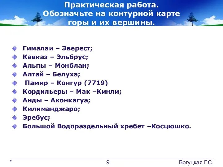 Практическая работа. Обозначьте на контурной карте горы и их вершины. Гималаи – Эверест;