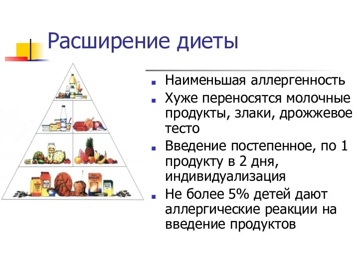 Расширение диеты Наименьшая аллергенность Хуже переносятся молочные продукты, злаки, дрожжевое