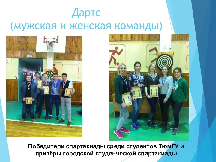 Дартс (мужская и женская команды) Победители спартакиады среди студентов ТюмГУ и призёры городской студенческой спартакиады