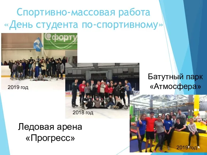 Спортивно-массовая работа «День студента по-спортивному» 2019 год 2018 год 2019 год Ледовая арена