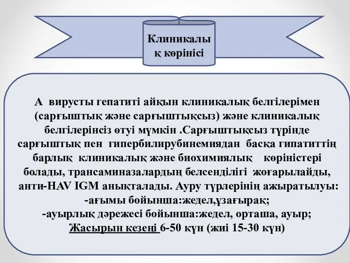 Клиникалық көрінісі А вирусты гепатиті айқын клиникалық белгілерімен (сарғыштық және сарғыштықсыз) және клиникалық