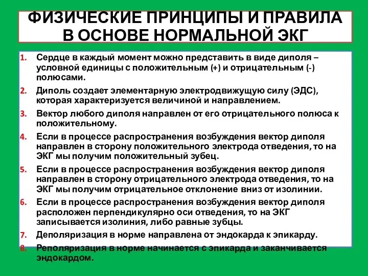 ФИЗИЧЕСКИЕ ПРИНЦИПЫ И ПРАВИЛА В ОСНОВЕ НОРМАЛЬНОЙ ЭКГ Сердце в