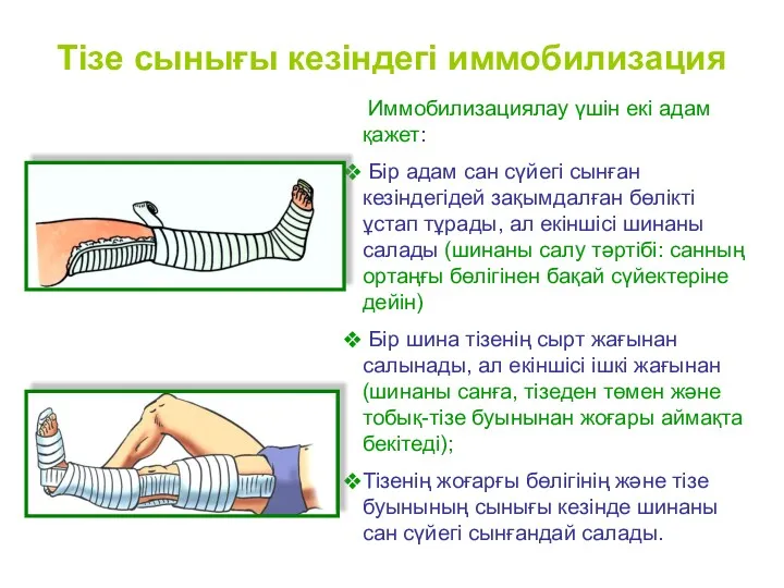 Тізе сынығы кезіндегі иммобилизация Иммобилизациялау үшін екі адам қажет: Бір