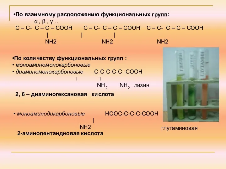 По количеству функциональных групп : моноаминомонокарбоновые диаминомонокарбоновые С-С-С-С-С -СООН ׀ ׀ NH2 NH2