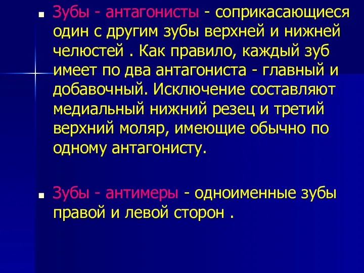 Зубы - антагонисты - соприкасающиеся один с другим зубы верхней