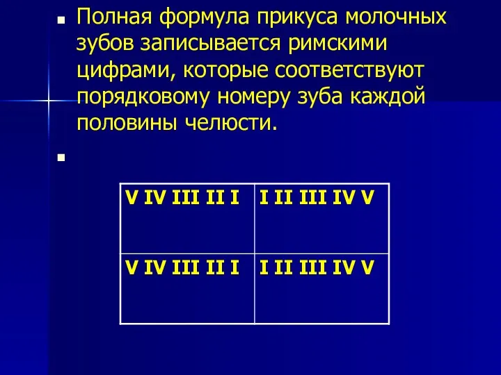 Полная формула прикуса молочных зубов записывается римскими цифрами, которые соответствуют порядковому номеру зуба каждой половины челюсти.