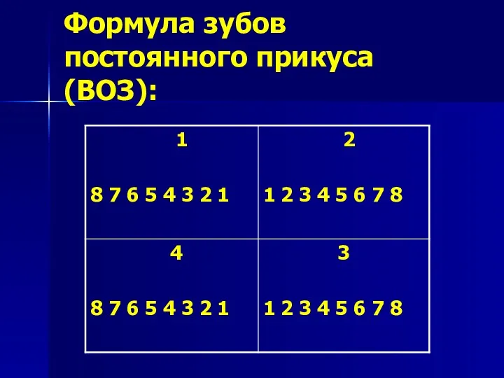 Формула зубов постоянного прикуса (ВОЗ):