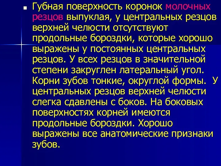 Губная поверхность коронок молочных резцов выпуклая, у центральных резцов верхней