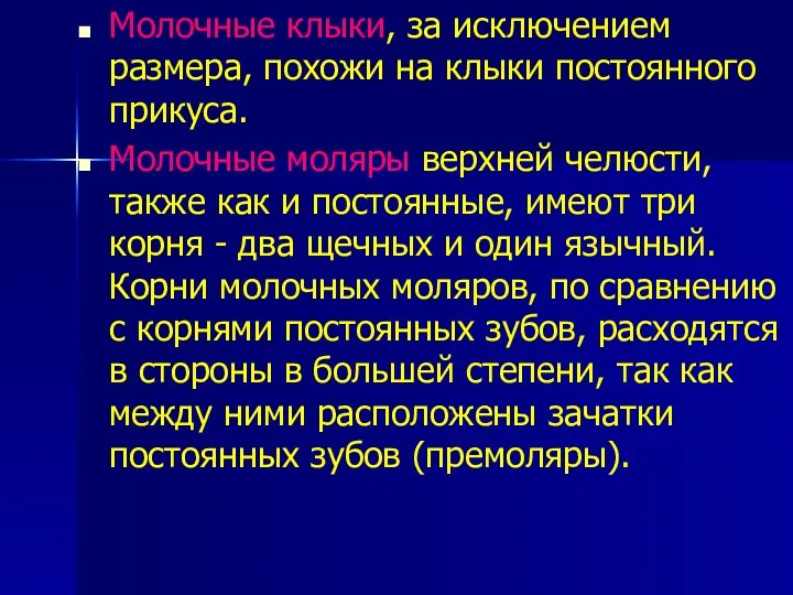 Молочные клыки, за исключением размера, похожи на клыки постоянного прикуса.