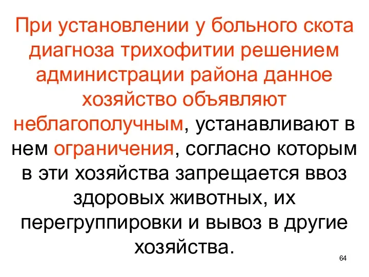 При установлении у больного скота диагноза трихофитии решением администрации района