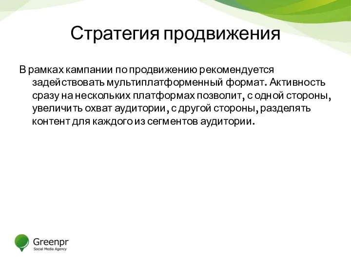 Стратегия продвижения В рамках кампании по продвижению рекомендуется задействовать мультиплатформенный