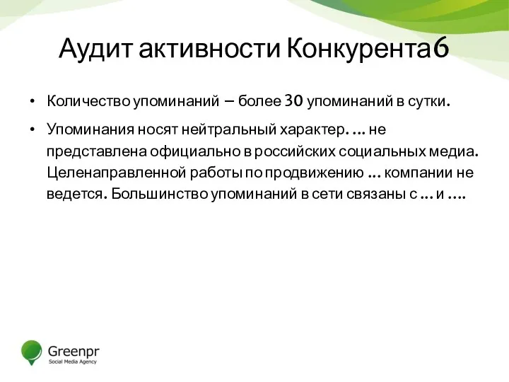 Аудит активности Конкурента6 Количество упоминаний – более 30 упоминаний в