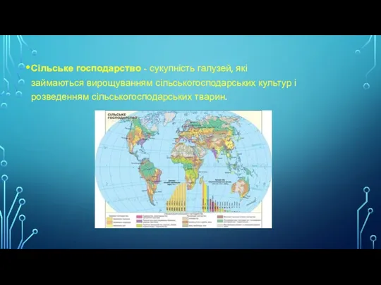 Сільське господарство - сукупність галузей, які займаються вирощуванням сільськогосподарських культур і розведенням сільськогосподарських тварин.