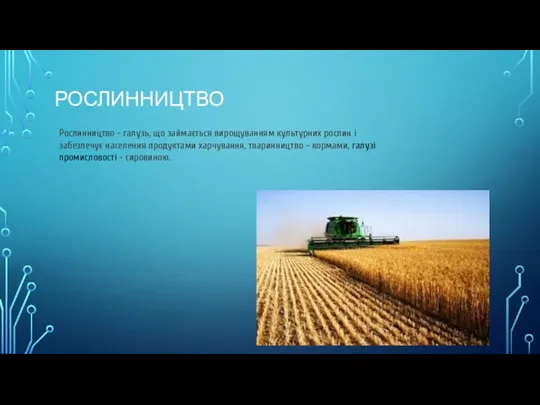 РОСЛИННИЦТВО Рослинництво - галузь, що займається вирощуванням культурних рослин і