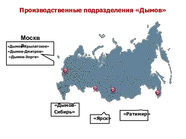 Производственные подразделения «Дымов» «Дымов-Крылатское» «Дымов-Дмитров» «Дымов-Зорге» «Дымов- Сибирь» «Ярск» «Ратимир» Москва