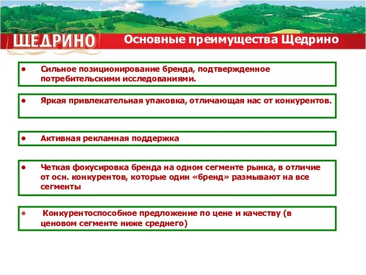 Основные преимущества Щедрино Яркая привлекательная упаковка, отличающая нас от конкурентов.