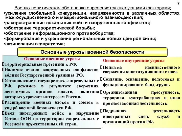 Военно-политическая обстановка определяется следующими факторами; усиление глобальной конкуренции, напряженности в