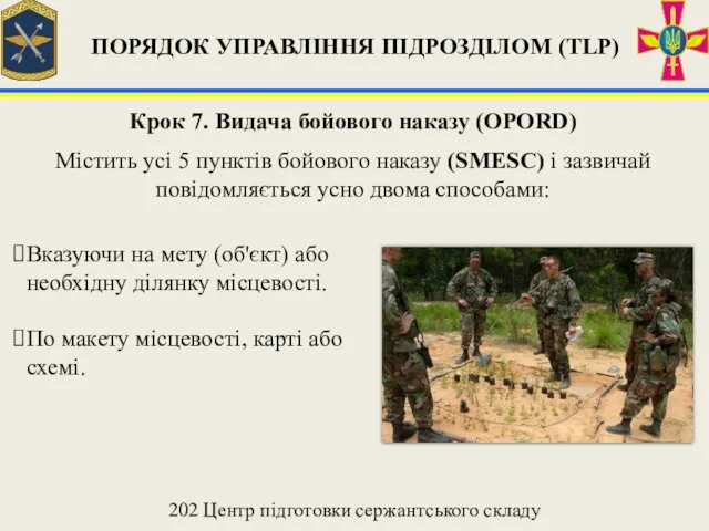 Крок 7. Видача бойового наказу (OPORD) Містить усі 5 пунктів бойового наказу (SMESC)