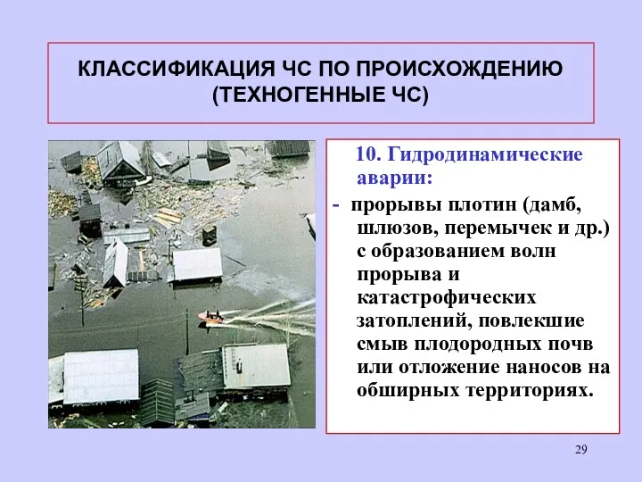 КЛАССИФИКАЦИЯ ЧС ПО ПРОИСХОЖДЕНИЮ (ТЕХНОГЕННЫЕ ЧС) 10. Гидродинамические аварии: -