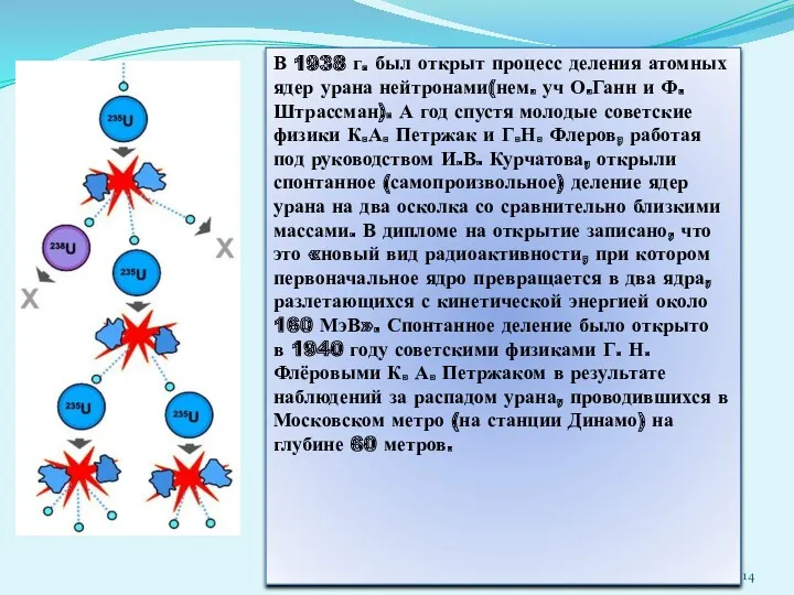 В 1938 г. был открыт процесс деления атомных ядер урана