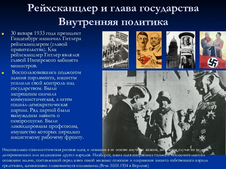 Рейхсканцлер и глава государства Внутренняя политика 30 января 1933 года