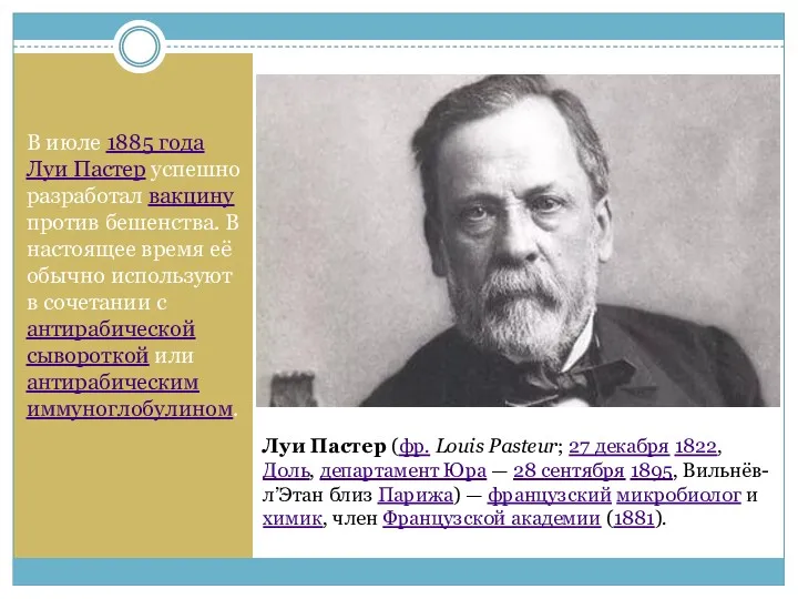 В июле 1885 года Луи Пастер успешно разработал вакцину против бешенства. В настоящее