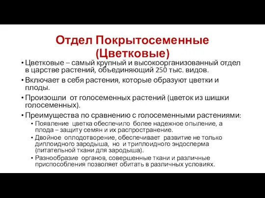 Отдел Покрытосеменные (Цветковые) Цветковые – самый крупный и высокоорганизованный отдел