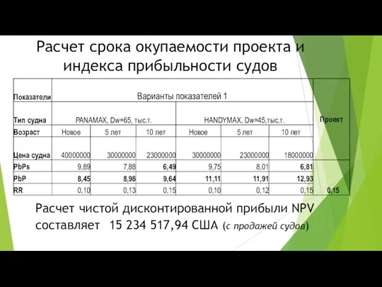 Расчет срока окупаемости проекта и индекса прибыльности судов Расчет чистой дисконтированной прибыли NPV
