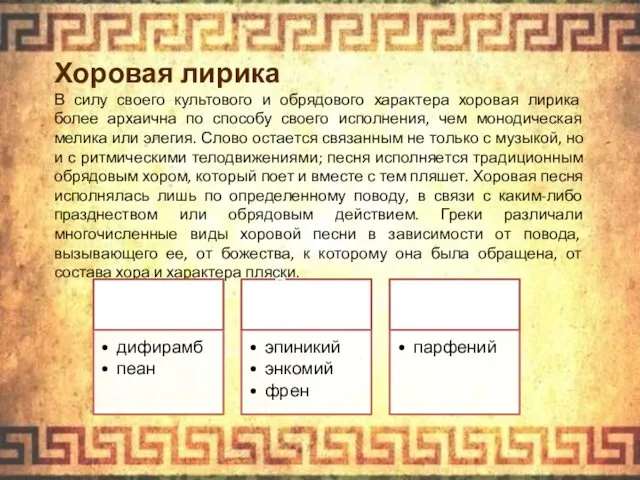 Хоровая лирика В силу своего культового и обрядового характера хоровая