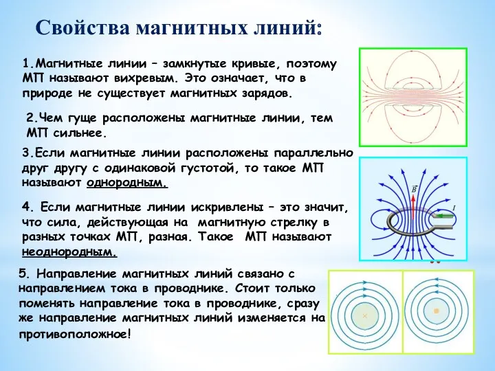 1.Магнитные линии – замкнутые кривые, поэтому МП называют вихревым. Это