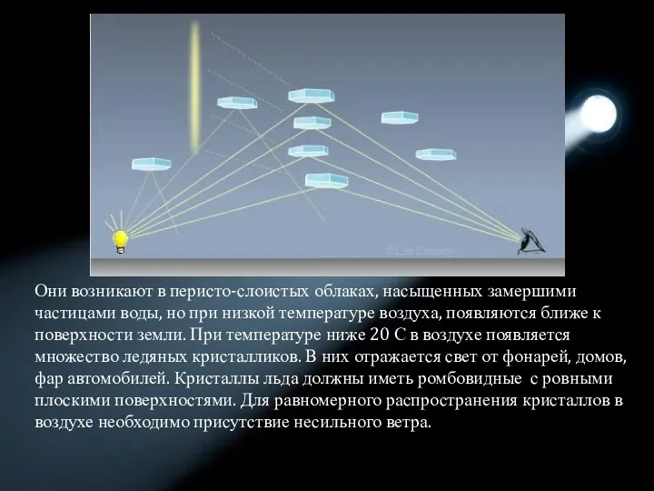 Они возникают в перисто-слоистых облаках, насыщенных замершими частицами воды, но