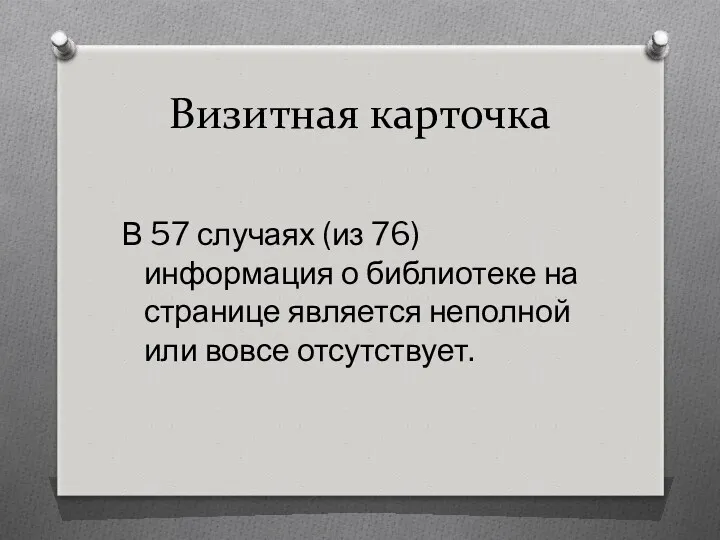 Визитная карточка В 57 случаях (из 76) информация о библиотеке