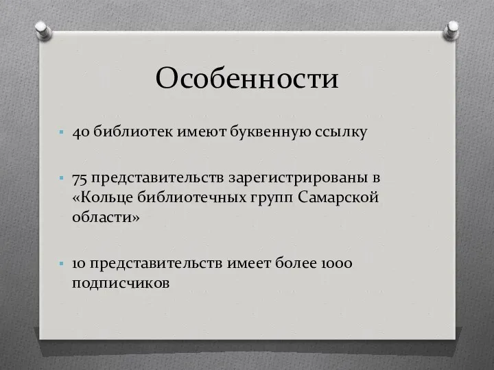 Особенности 40 библиотек имеют буквенную ссылку 75 представительств зарегистрированы в