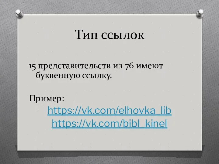 Тип ссылок 15 представительств из 76 имеют буквенную ссылку. Пример: https://vk.com/elhovka_lib https://vk.com/bibl_kinel