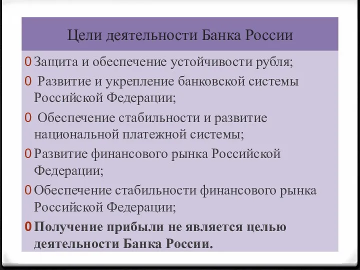 Цели деятельности Банка России Защита и обеспечение устойчивости рубля; Развитие
