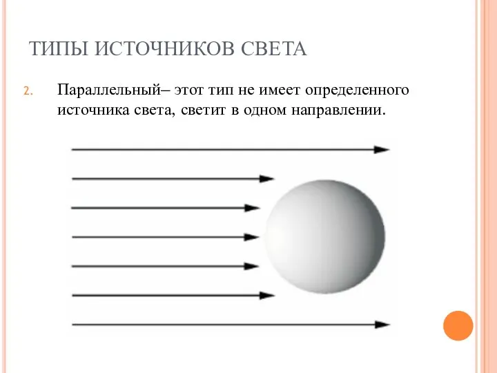 ТИПЫ ИСТОЧНИКОВ СВЕТА Параллельный– этот тип не имеет определенного источника света, светит в одном направлении.