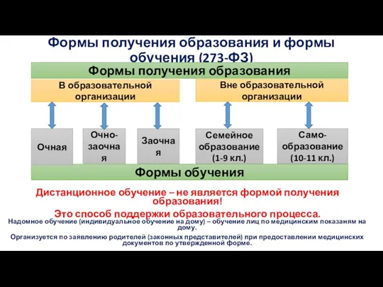 Формы получения образования и формы обучения (273-ФЗ) Дистанционное обучение –